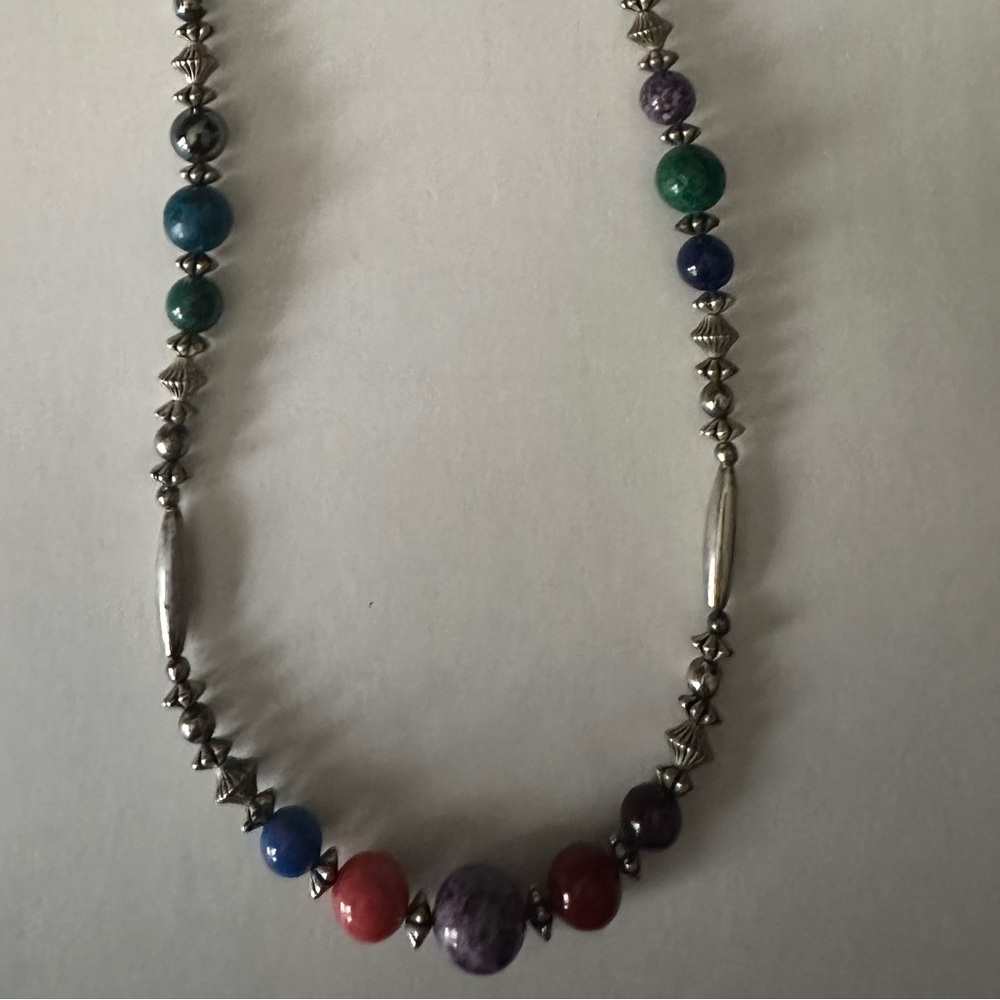 Vintage Native American Silver and multi colored Beaded Necklace
